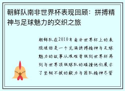 朝鲜队南非世界杯表现回顾：拼搏精神与足球魅力的交织之旅